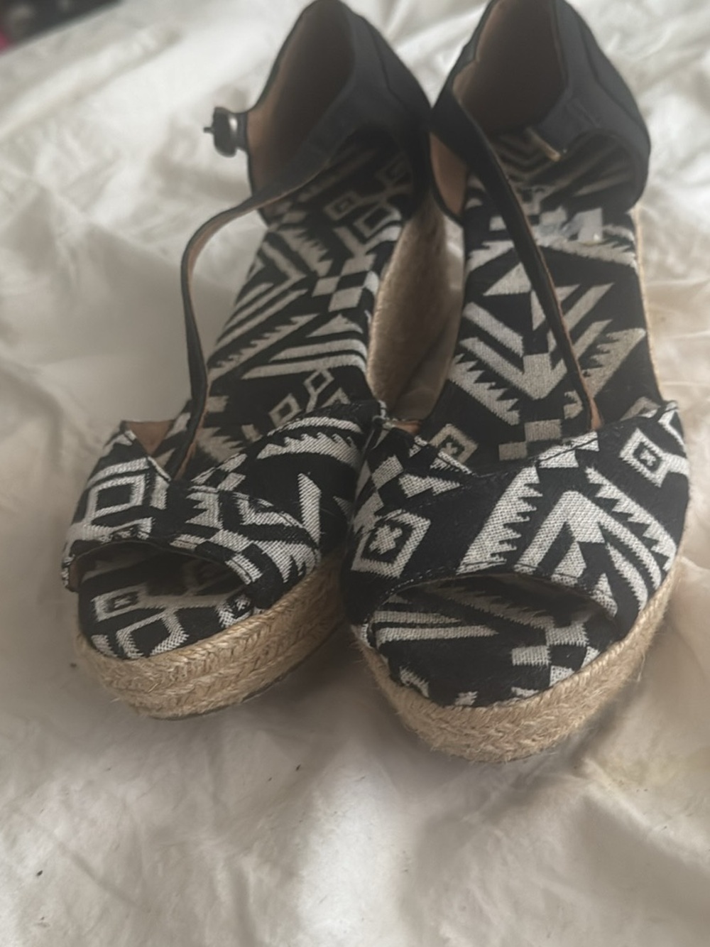 Black & White Aztec Espadrille Wedge Sandals - Women